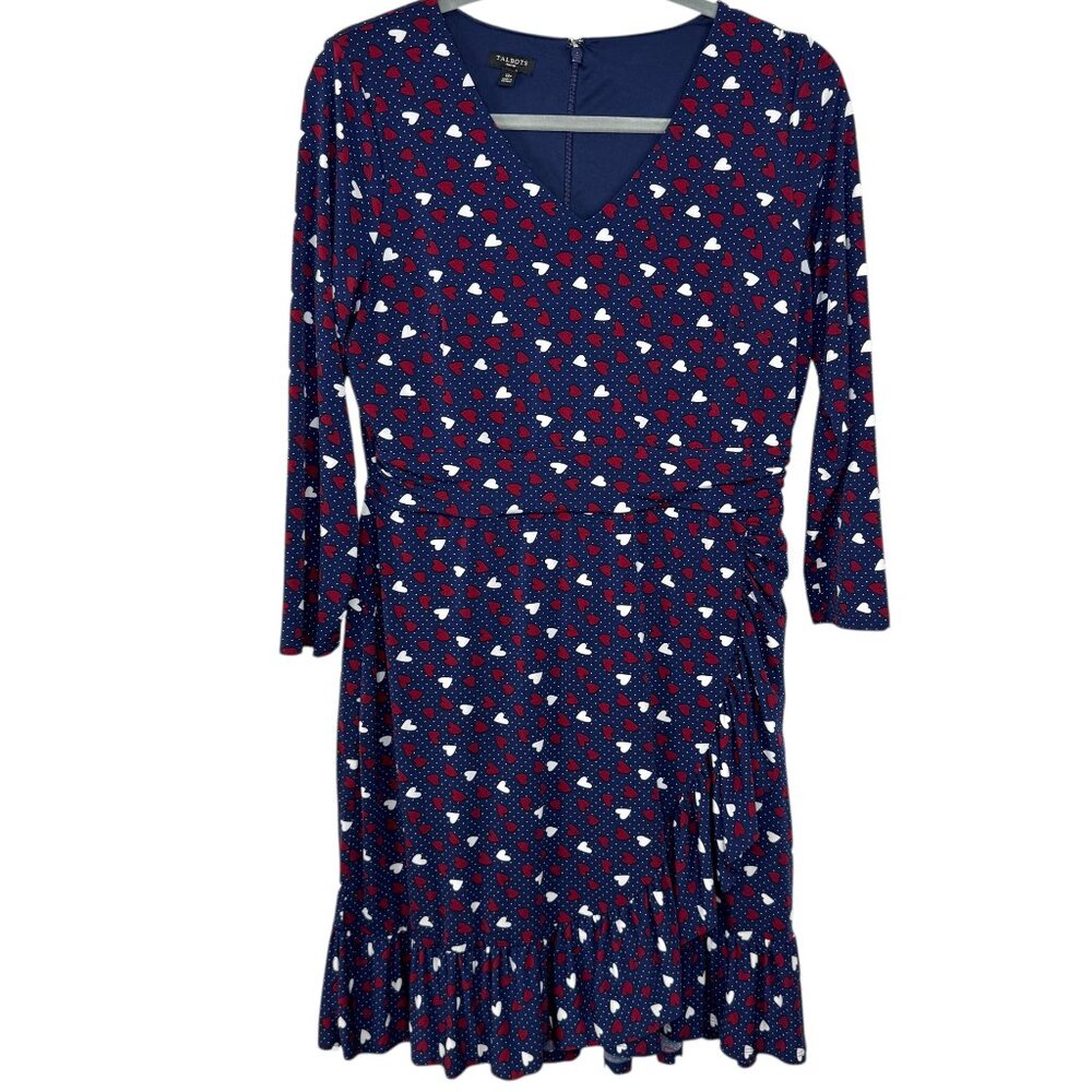 Talbots Petite Heart & Polka Dot Faux Wrap Dress ruffle detail 12P